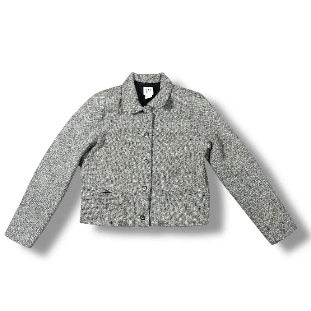 Vintage Gap Womens Blazer 12 Gray Black Tweed Wool Jacket Preppy Acadamia Office